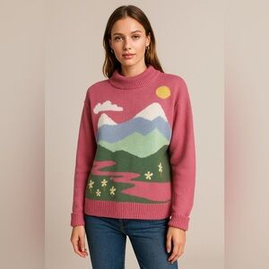 Vintage Pink Mountain Scene Turtleneck Sweater